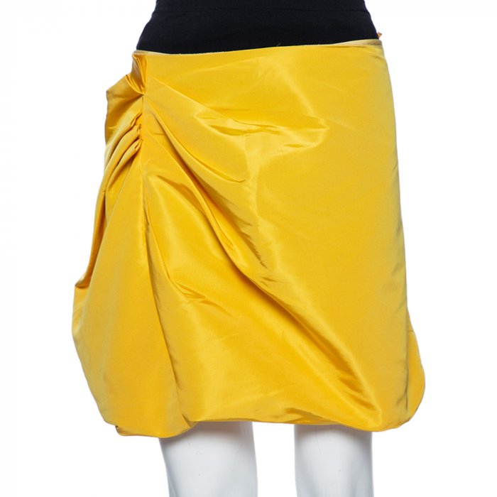 亮黄色不规则设计丝质半裙