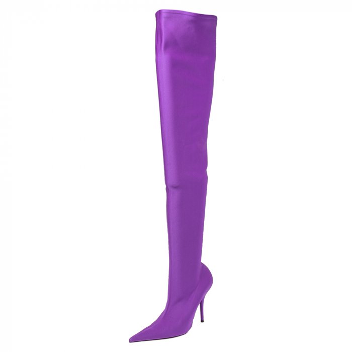 紫色缎面超高筒长靴